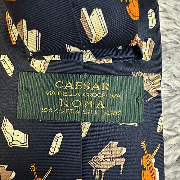 Caesar Roma 100% Silk Neck Tie Navy Musical Instruments Piano Cello Formal - Picture 5 of 6